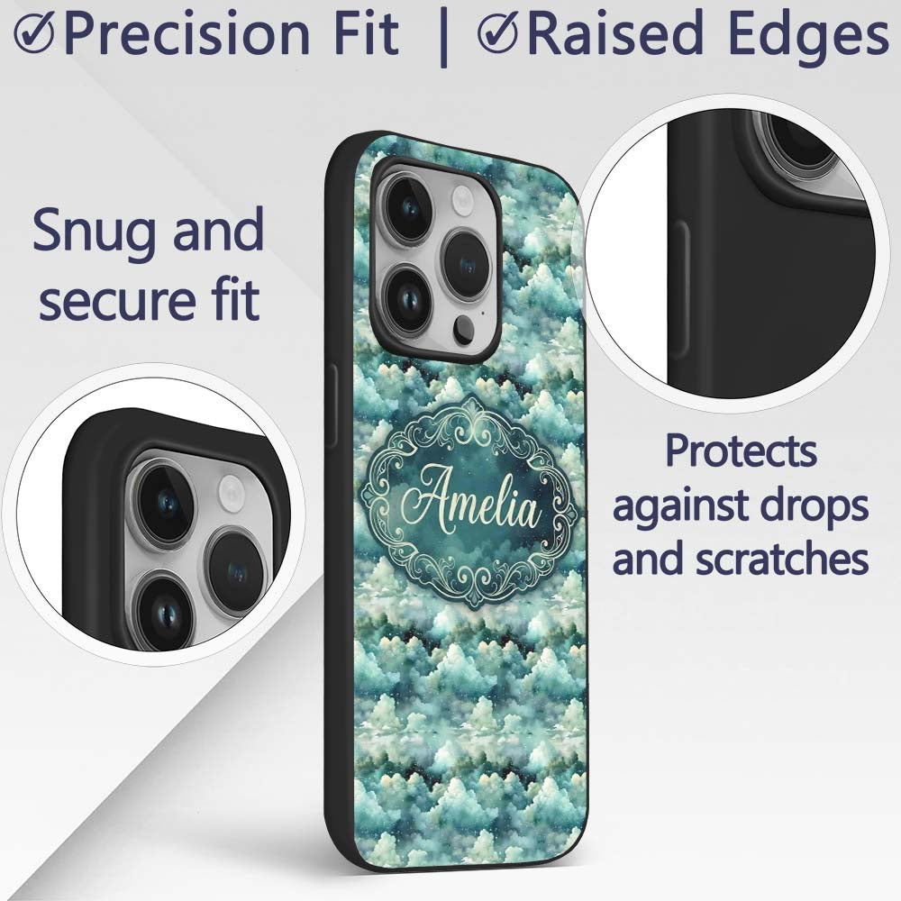 Mystical Blue Green Clouds Night Sky Seamless Custom Name Protective Phone Case Mobile Cover Durable Everyday Smartphone Shock Resistant