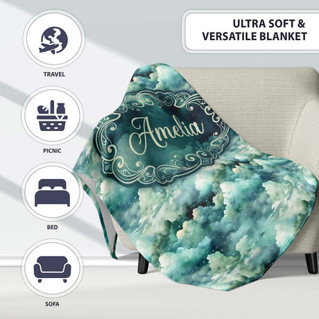 Mystical Blue Green Clouds Night Sky Seamless Pattern Name Cute  Personalised Custom Name Super Soft Fleece Blanket Bed Sofa Throw