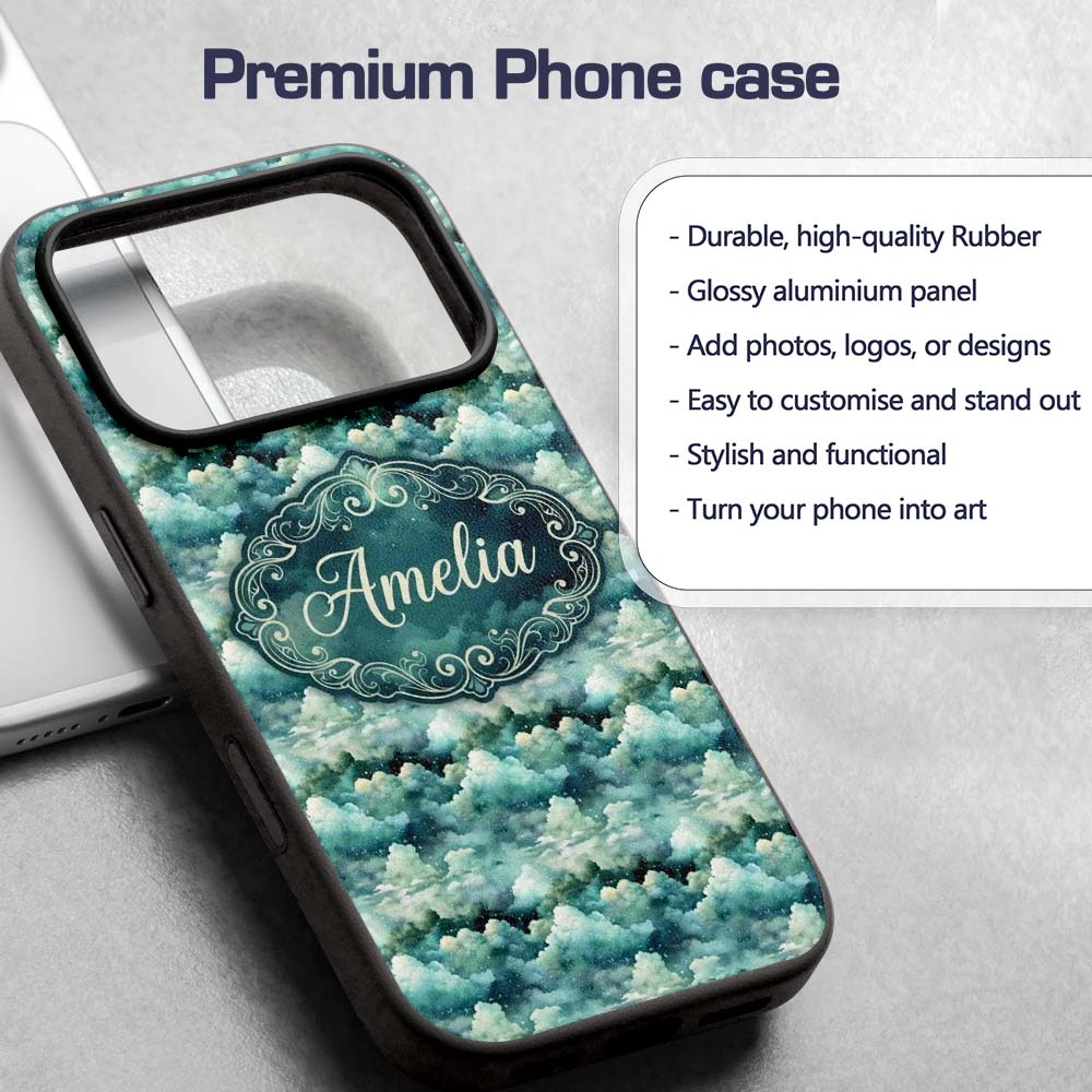 Mystical Blue Green Clouds Night Sky Seamless Custom Name Protective Phone Case Mobile Cover Durable Everyday Smartphone Shock Resistant