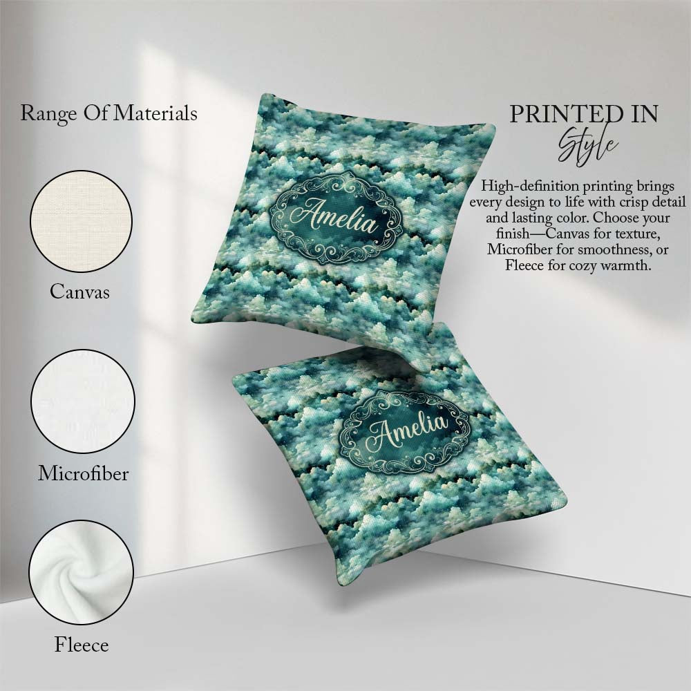 Custom Name Mystical Blue Green Clouds Sky Seamless Pattern Name Square Filled Cushion Throw Pillow Sofa Bed Home Decor Zip Washable UK Made