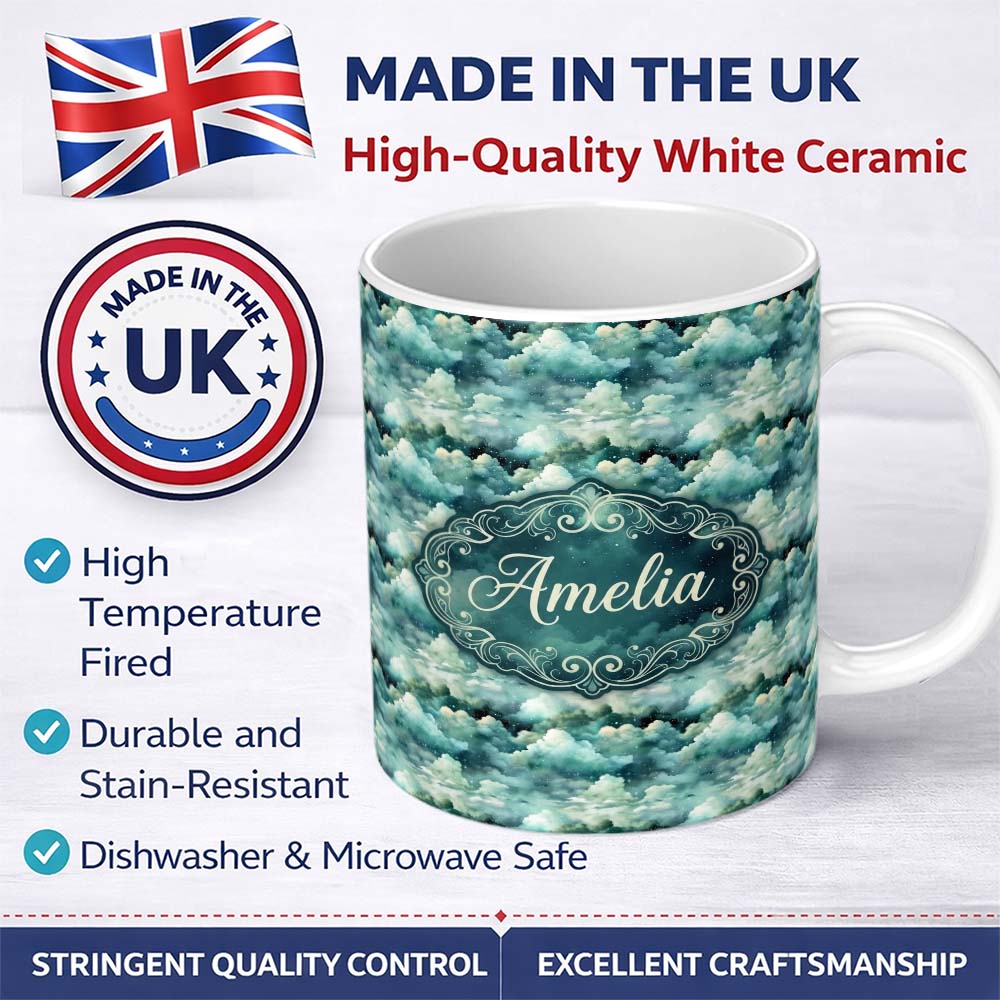 Personalized Custom Name Mystical Blue Green Clouds Night Sky Seamless Pattern Name Cute 11oz Ceramic Coffee Tea Mug White Large Handle