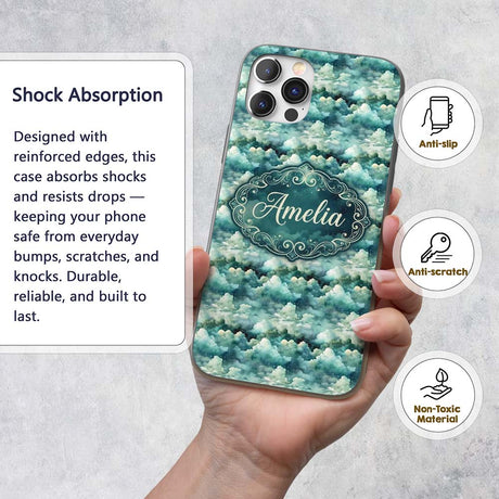 Mystical Blue Green Clouds Night Sky Seamless Custom Name Protective Phone Case Mobile Cover Durable Everyday Smartphone Shock Resistant