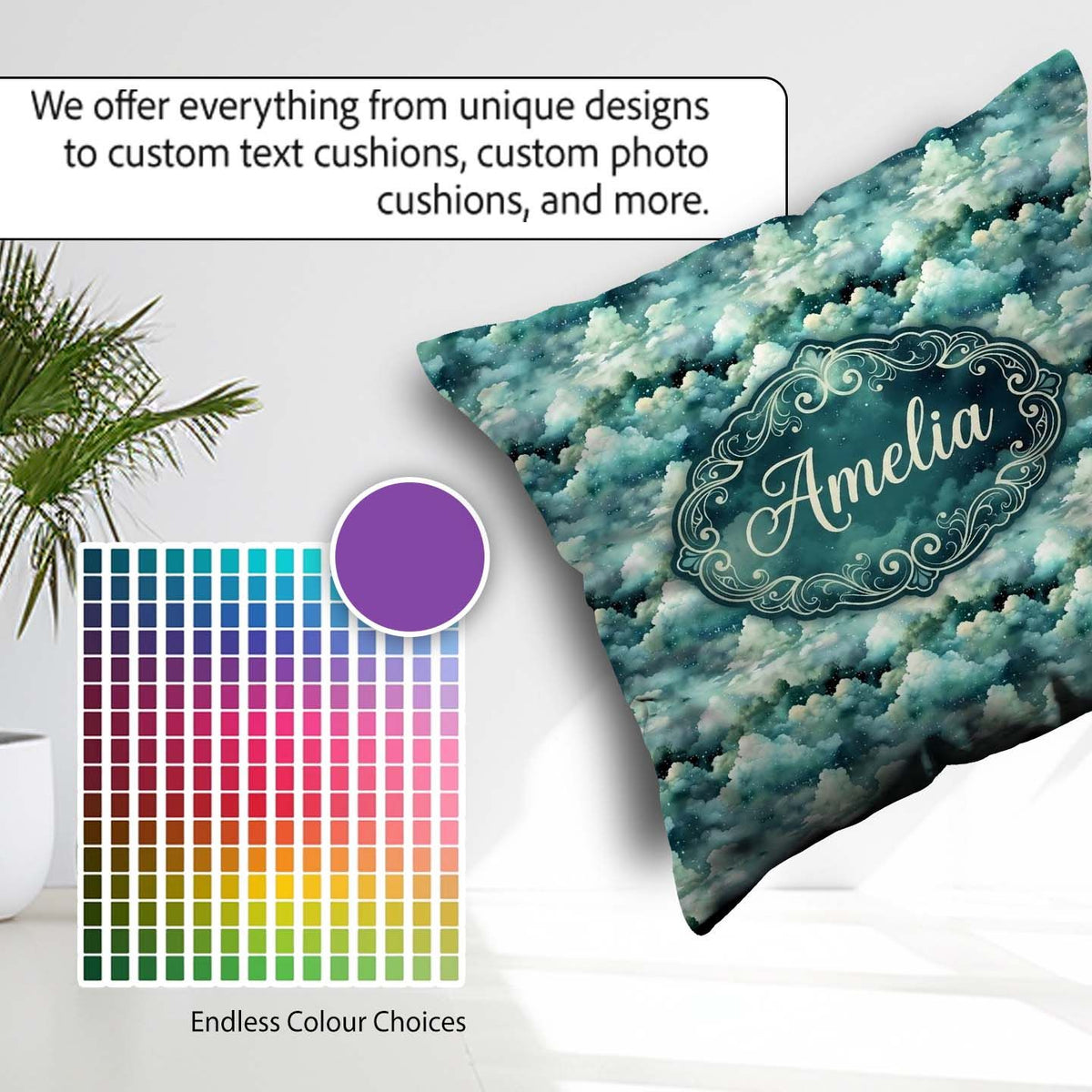 Custom Name Mystical Blue Green Clouds Sky Seamless Pattern Name Square Filled Cushion Throw Pillow Sofa Bed Home Decor Zip Washable UK Made