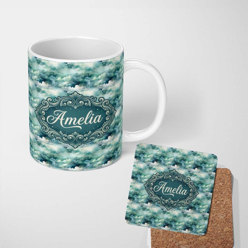 Personalized Custom Name Soft Teal Dreamy Clouds Sky Seamless Pattern Name Cute Unique Gift 11oz Ceramic Coffee Tea Mug White Large Handle