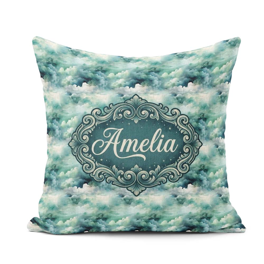 Custom Name Soft Teal Dreamy Clouds Sky Seamless Pattern Name Square Filled Cushion Throw Pillow Sofa Bed Home Decor Zip Washable UK Made