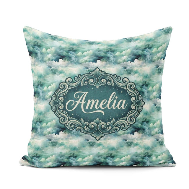 Custom Name Soft Teal Dreamy Clouds Sky Seamless Pattern Name Square Filled Cushion Throw Pillow Sofa Bed Home Decor Zip Washable UK Made