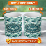 Personalized Custom Name Soft Teal Dreamy Clouds Sky Seamless Pattern Name Cute Unique Gift 11oz Ceramic Coffee Tea Mug White Large Handle