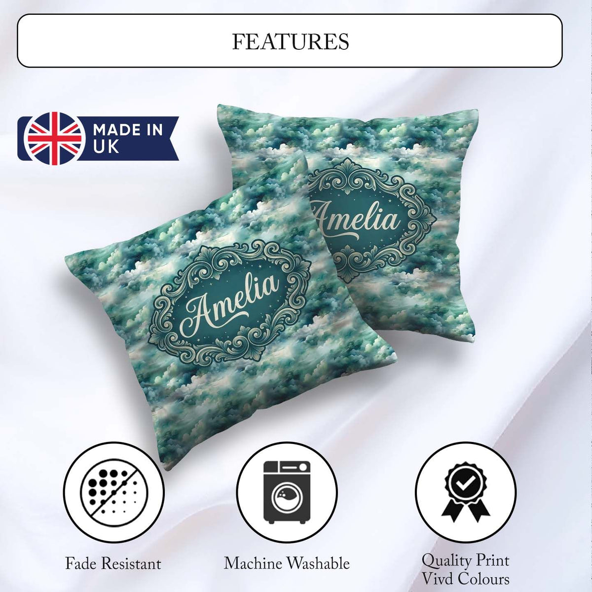 Custom Name Soft Teal Dreamy Clouds Sky Seamless Pattern Name Square Filled Cushion Throw Pillow Sofa Bed Home Decor Zip Washable UK Made