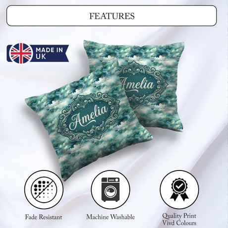 Custom Name Soft Teal Dreamy Clouds Sky Seamless Pattern Name Square Filled Cushion Throw Pillow Sofa Bed Home Decor Zip Washable UK Made
