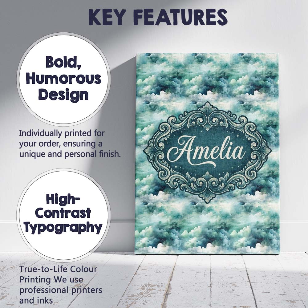 Personalised Name Soft Teal Dreamy Clouds Custom  Unique Gift Idea Elegant Feature Canvas Wall Art Print Decor Picture Ready to Hang