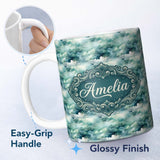 Personalized Custom Name Soft Teal Dreamy Clouds Sky Seamless Pattern Name Cute Unique Gift 11oz Ceramic Coffee Tea Mug White Large Handle