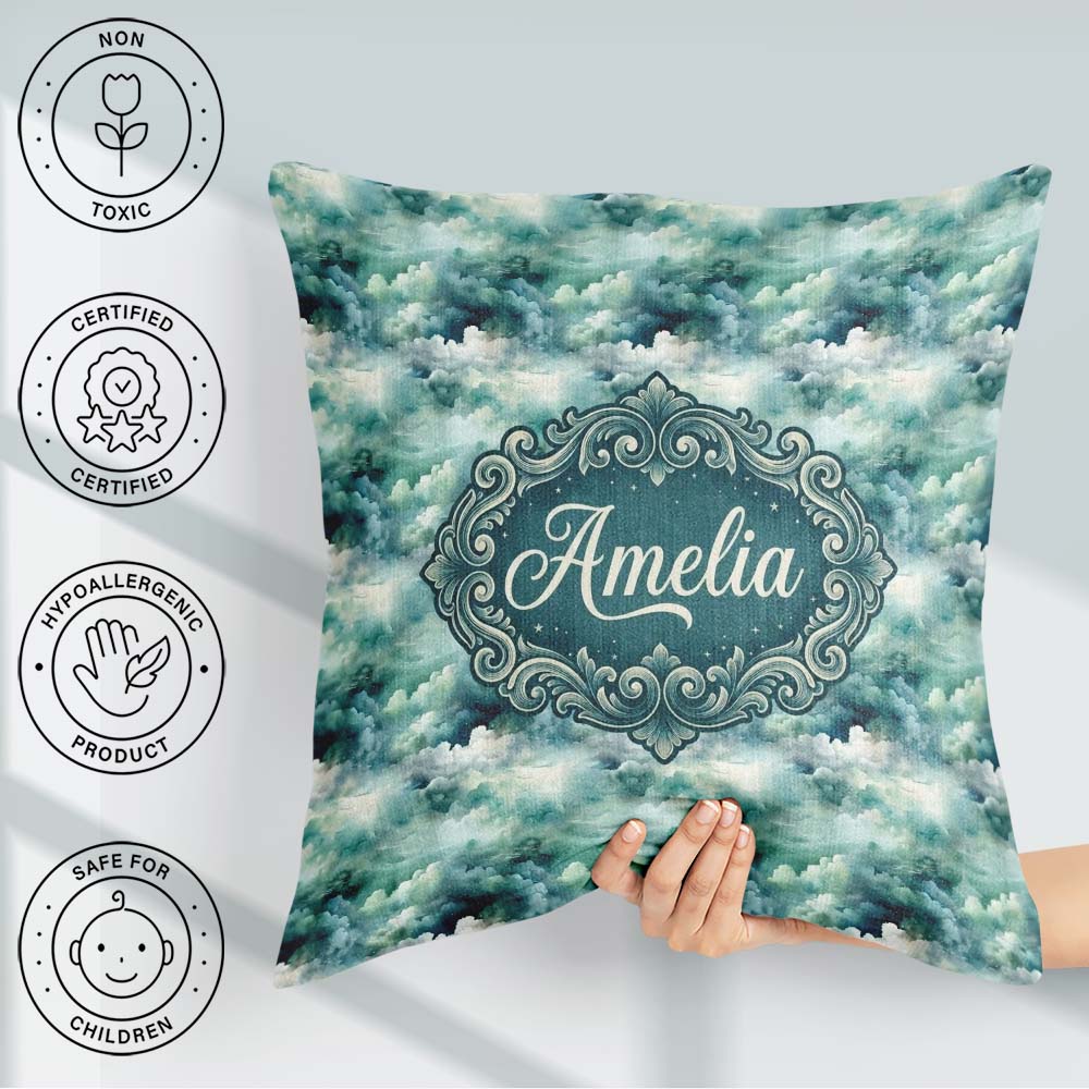 Custom Name Soft Teal Dreamy Clouds Sky Seamless Pattern Name Square Filled Cushion Throw Pillow Sofa Bed Home Decor Zip Washable UK Made