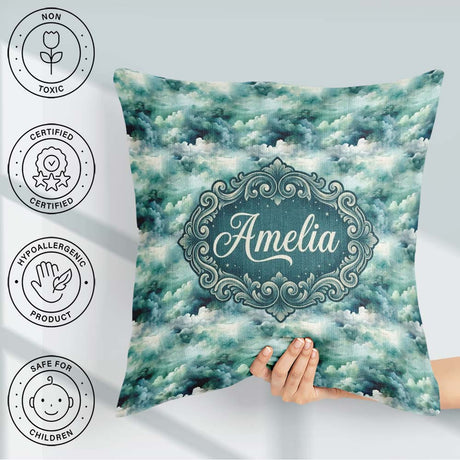 Custom Name Soft Teal Dreamy Clouds Sky Seamless Pattern Name Square Filled Cushion Throw Pillow Sofa Bed Home Decor Zip Washable UK Made