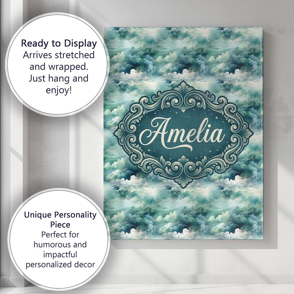 Personalised Name Soft Teal Dreamy Clouds Custom  Unique Gift Idea Elegant Feature Canvas Wall Art Print Decor Picture Ready to Hang