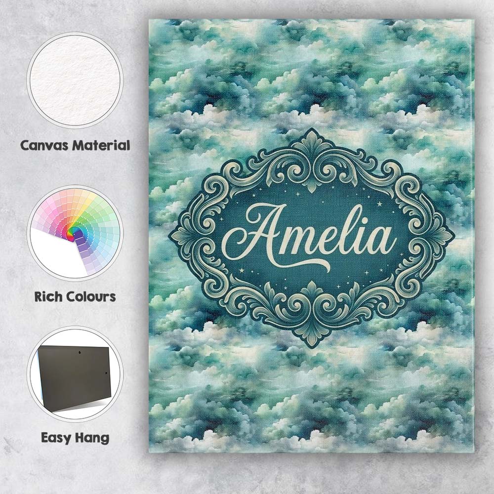 Personalised Name Soft Teal Dreamy Clouds Custom  Unique Gift Idea Elegant Feature Canvas Wall Art Print Decor Picture Ready to Hang