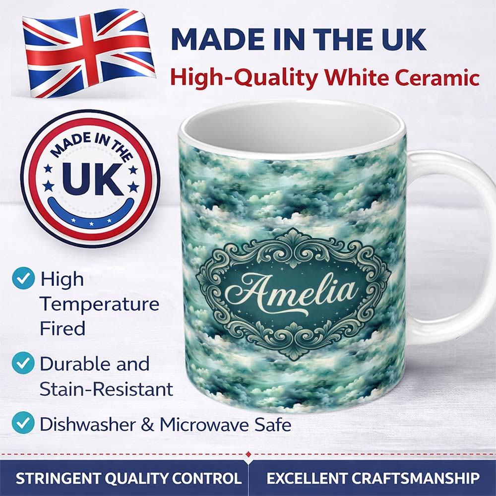 Personalized Custom Name Soft Teal Dreamy Clouds Sky Seamless Pattern Name Cute Unique Gift 11oz Ceramic Coffee Tea Mug White Large Handle
