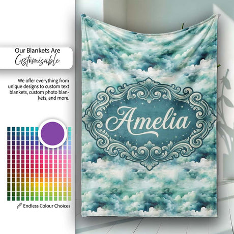 Soft Teal Dreamy Clouds Sky Seamless Pattern Name Cute Unique Gift  Personalised Custom Name Super Soft Fleece Blanket Bed Sofa Throw