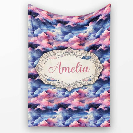 Pink Blue Fantasy Night Clouds Sky Seamless Pattern Name Cute  Personalised Custom Name Super Soft Fleece Blanket Bed Sofa Throw