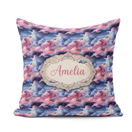 Custom Name Pink Blue Fantasy Night Clouds Sky Pattern Name Cute Square Filled Cushion Throw Pillow Sofa Bed Home Decor Zip Washable UK Made
