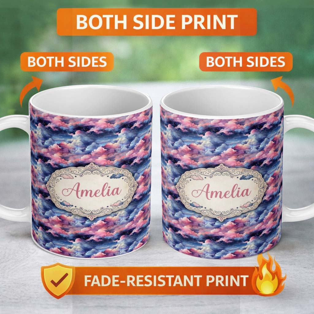 Personalized Custom Name Pink Blue Fantasy Night Clouds Sky Seamless Pattern Name Cute 11oz Ceramic Coffee Tea Mug White Large Handle