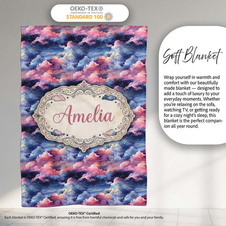 Pink Blue Fantasy Night Clouds Sky Seamless Pattern Name Cute  Personalised Custom Name Super Soft Fleece Blanket Bed Sofa Throw