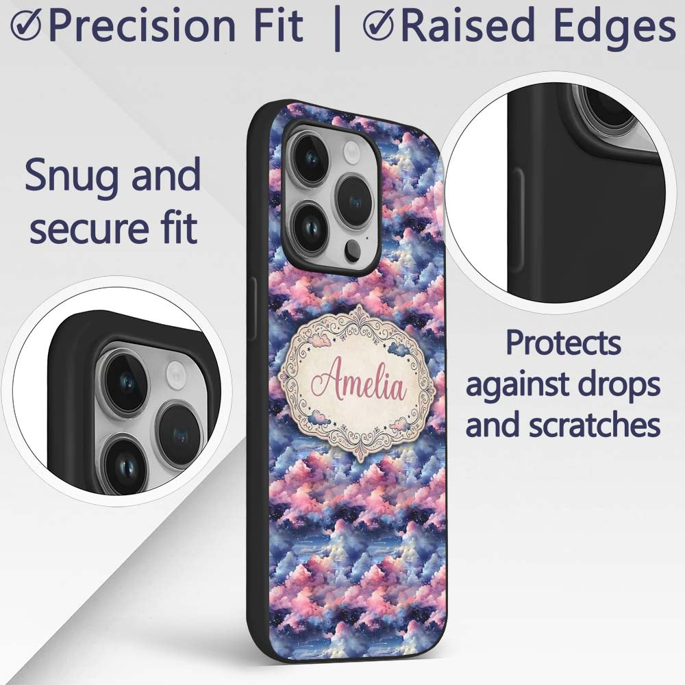 Pink Blue Fantasy Night Clouds Sky Printed Design Custom Name Protective Phone Case Mobile Cover Durable Everyday Smartphone Shock Resistant