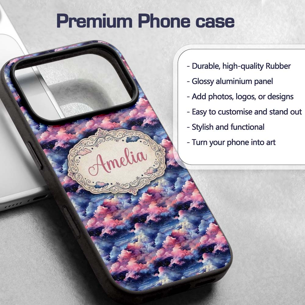 Pink Blue Fantasy Night Clouds Sky Printed Design Custom Name Protective Phone Case Mobile Cover Durable Everyday Smartphone Shock Resistant