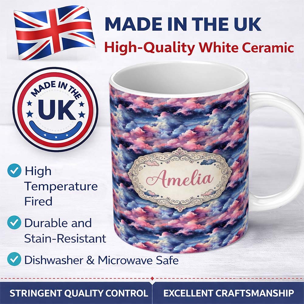 Personalized Custom Name Pink Blue Fantasy Night Clouds Sky Seamless Pattern Name Cute 11oz Ceramic Coffee Tea Mug White Large Handle