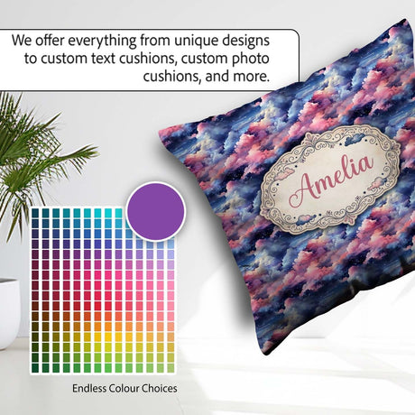 Custom Name Pink Blue Fantasy Night Clouds Sky Pattern Name Cute Square Filled Cushion Throw Pillow Sofa Bed Home Decor Zip Washable UK Made