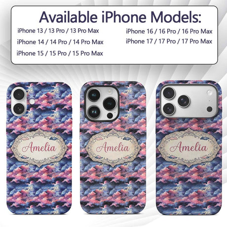 Pink Blue Fantasy Night Clouds Sky Printed Design Custom Name Protective Phone Case Mobile Cover Durable Everyday Smartphone Shock Resistant