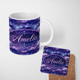 Personalized Custom Name Deep Purple Cosmic Clouds Night Sky Seamless Pattern Name Cute 11oz Ceramic Coffee Tea Mug White Large Handle