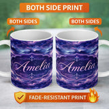 Personalized Custom Name Deep Purple Cosmic Clouds Night Sky Seamless Pattern Name Cute 11oz Ceramic Coffee Tea Mug White Large Handle