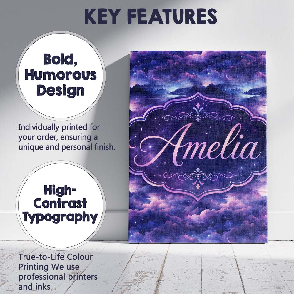 Personalised Name Deep Purple Cosmic Clouds Custom  Bespoke Interior Contemporary Canvas Wall Art Print Decor Picture Ready to Hang