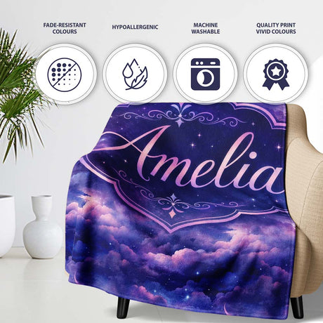 Deep Purple Cosmic Clouds Night Sky Seamless Pattern Name Cute  Personalised Custom Name Super Soft Fleece Blanket Bed Sofa Throw