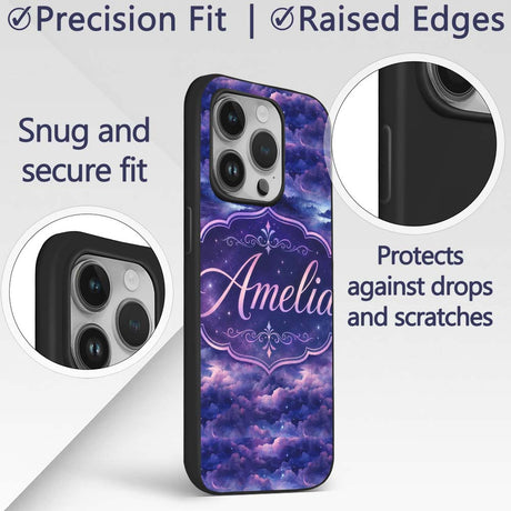Deep Purple Cosmic Clouds Night Sky Seamless Custom Name Protective Phone Case Mobile Cover Durable Everyday Smartphone Shock Resistant