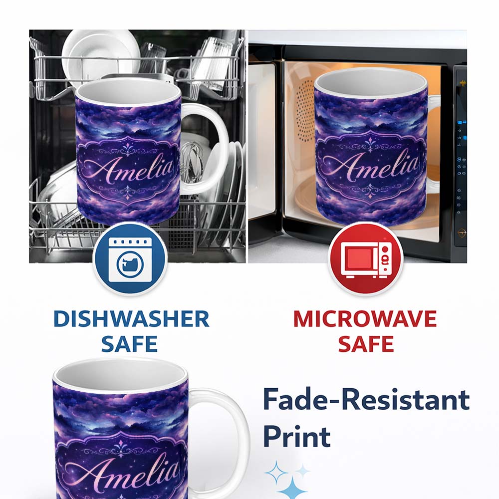 Personalized Custom Name Deep Purple Cosmic Clouds Night Sky Seamless Pattern Name Cute 11oz Ceramic Coffee Tea Mug White Large Handle