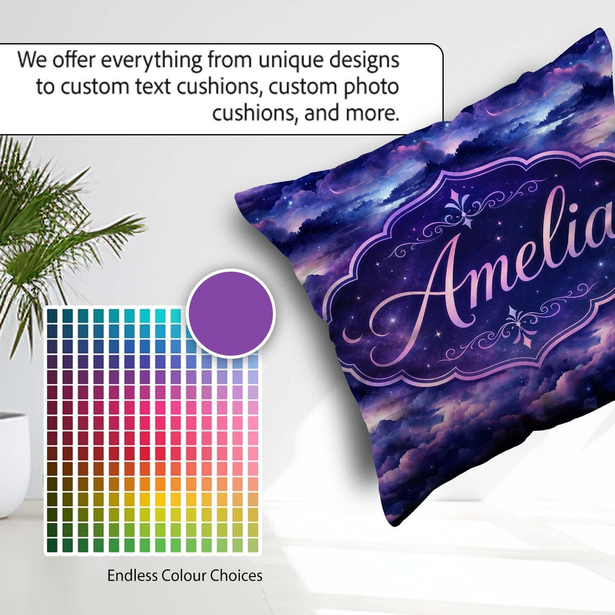 Custom Name Deep Purple Cosmic Clouds Night Sky Seamless Pattern Square Filled Cushion Throw Pillow Sofa Bed Home Decor Zip Washable UK Made