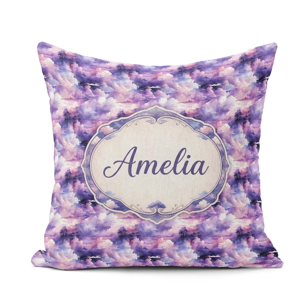 Custom Name Lavender Clouds Landscape Seamless Pattern Name Cute Square Filled Cushion Throw Pillow Sofa Bed Home Decor Zip Washable UK Made