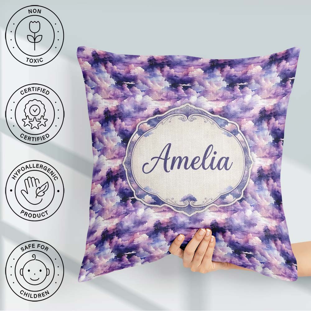 Custom Name Lavender Clouds Landscape Seamless Pattern Name Cute Square Filled Cushion Throw Pillow Sofa Bed Home Decor Zip Washable UK Made