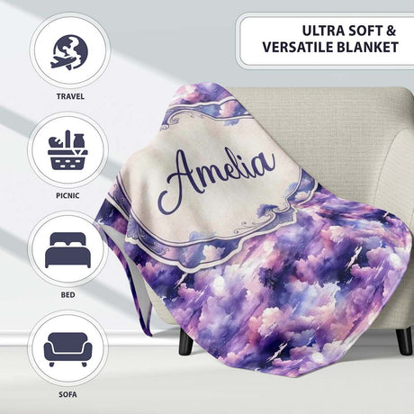 Lavender Dream Clouds Landscape Seamless Pattern Name Cute Unique  Personalised Custom Name Super Soft Fleece Blanket Bed Sofa Throw