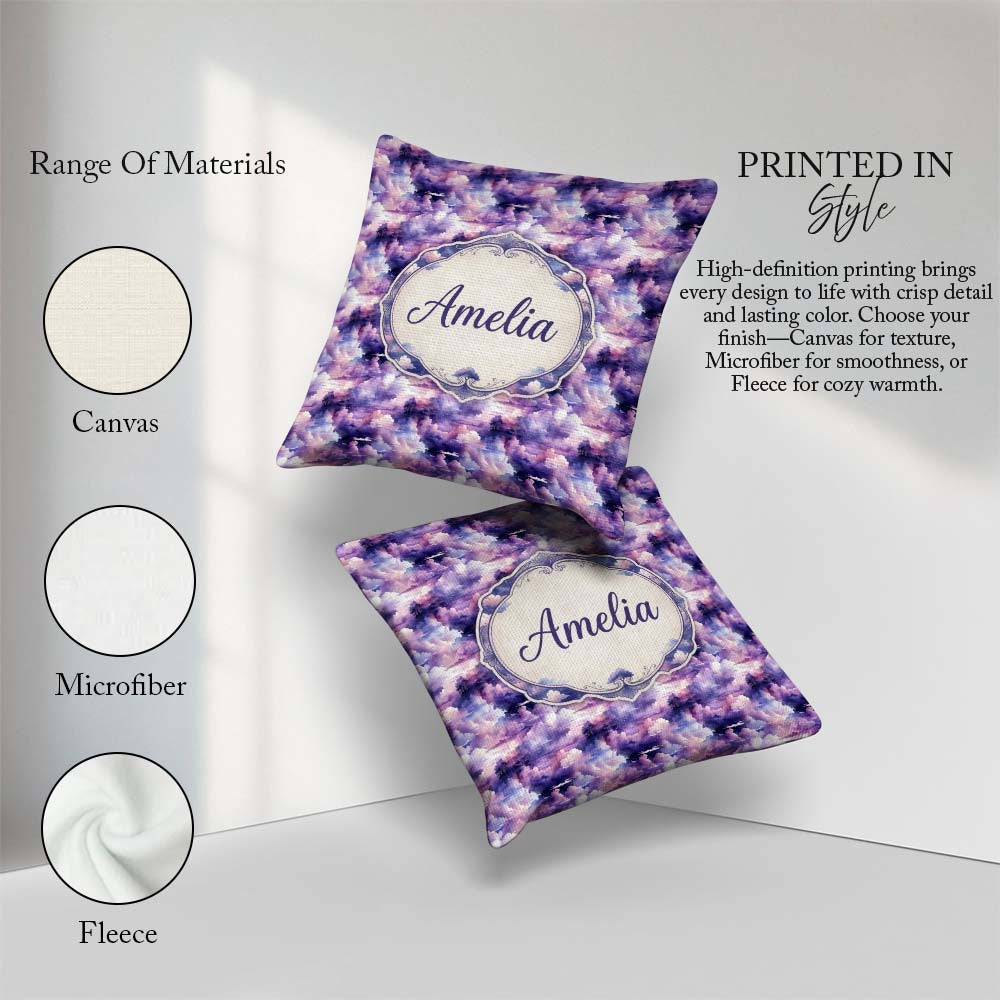 Custom Name Lavender Clouds Landscape Seamless Pattern Name Cute Square Filled Cushion Throw Pillow Sofa Bed Home Decor Zip Washable UK Made