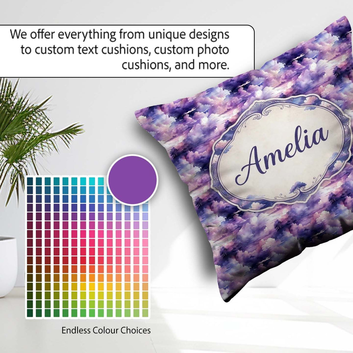 Custom Name Lavender Clouds Landscape Seamless Pattern Name Cute Square Filled Cushion Throw Pillow Sofa Bed Home Decor Zip Washable UK Made