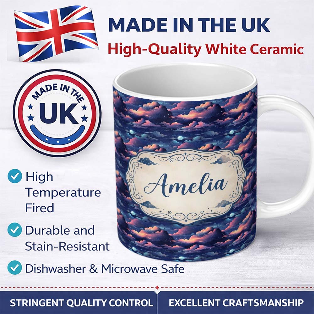 Personalized Custom Name Dark Starry Night Clouds Moon Sky Seamless Pattern Name Cute Unique 11oz Ceramic Coffee Tea Mug White Large Handle