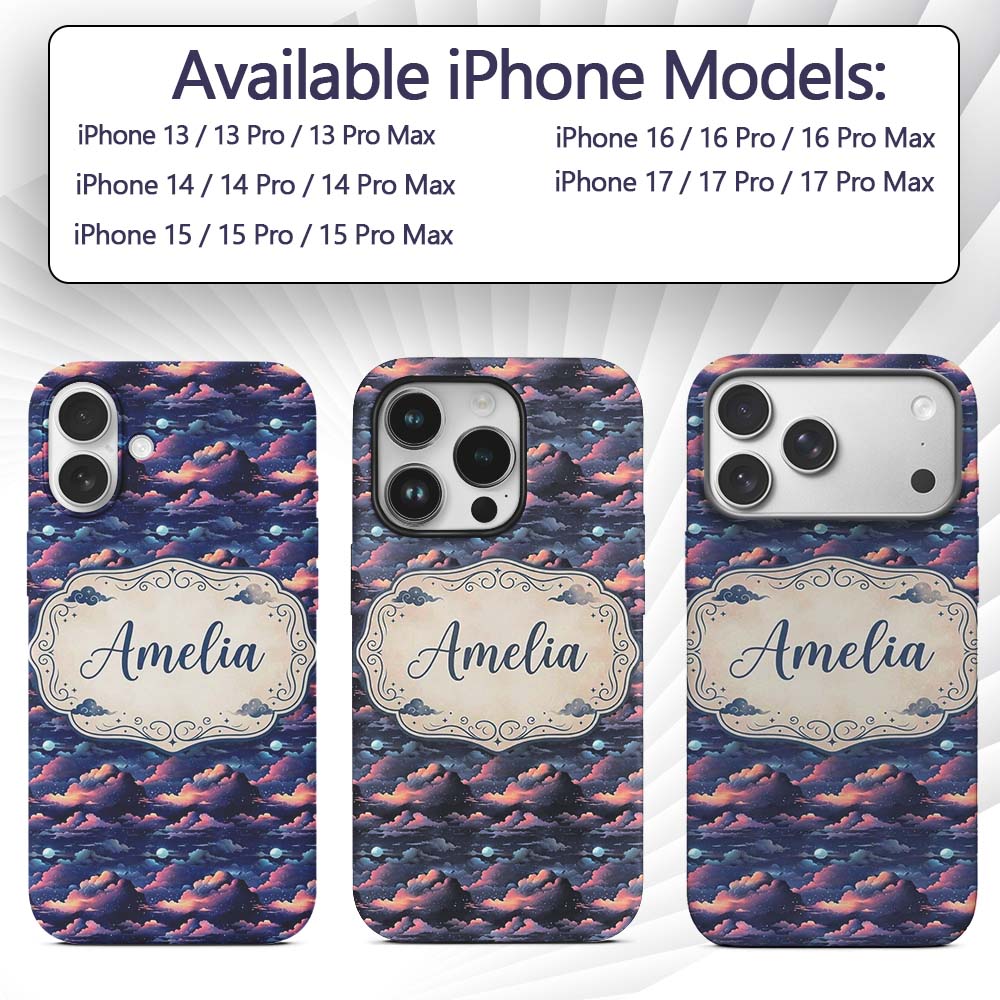 Dark Starry Night Clouds Moon Sky Printed Design Custom Name Protective Phone Case Mobile Cover Durable Everyday Smartphone Shock Resistant