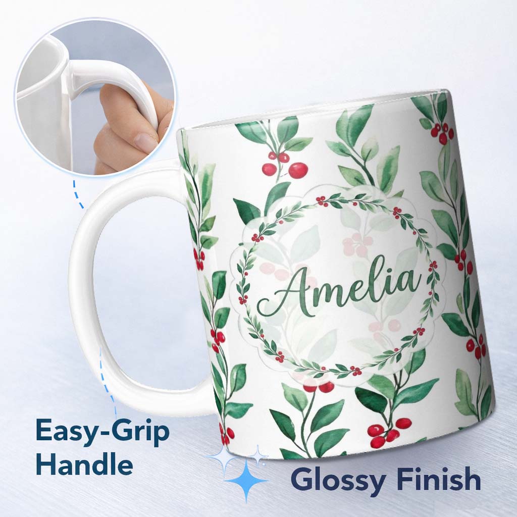 Personalized Custom Name Watercolor Green Leaves and Red Berry Branches Pattern Elegant 11oz Ceramic Coffee Tea Mug White Large Handle