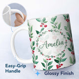 Personalized Custom Name Watercolor Green Leaves and Red Berry Branches Pattern Elegant 11oz Ceramic Coffee Tea Mug White Large Handle