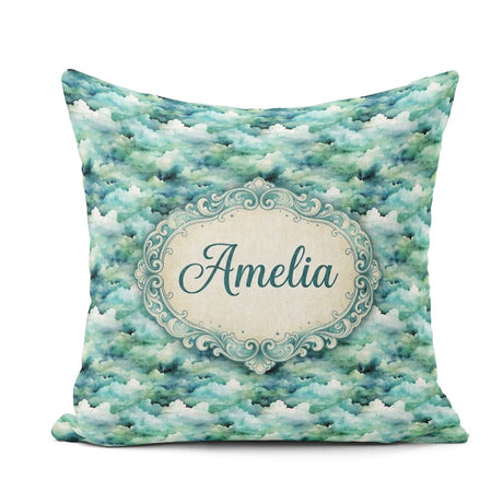 Custom Name Soft Aqua Watercolor Sky Seamless Pattern Name Cute Square Filled Cushion Throw Pillow Sofa Bed Home Decor Zip Washable UK Made