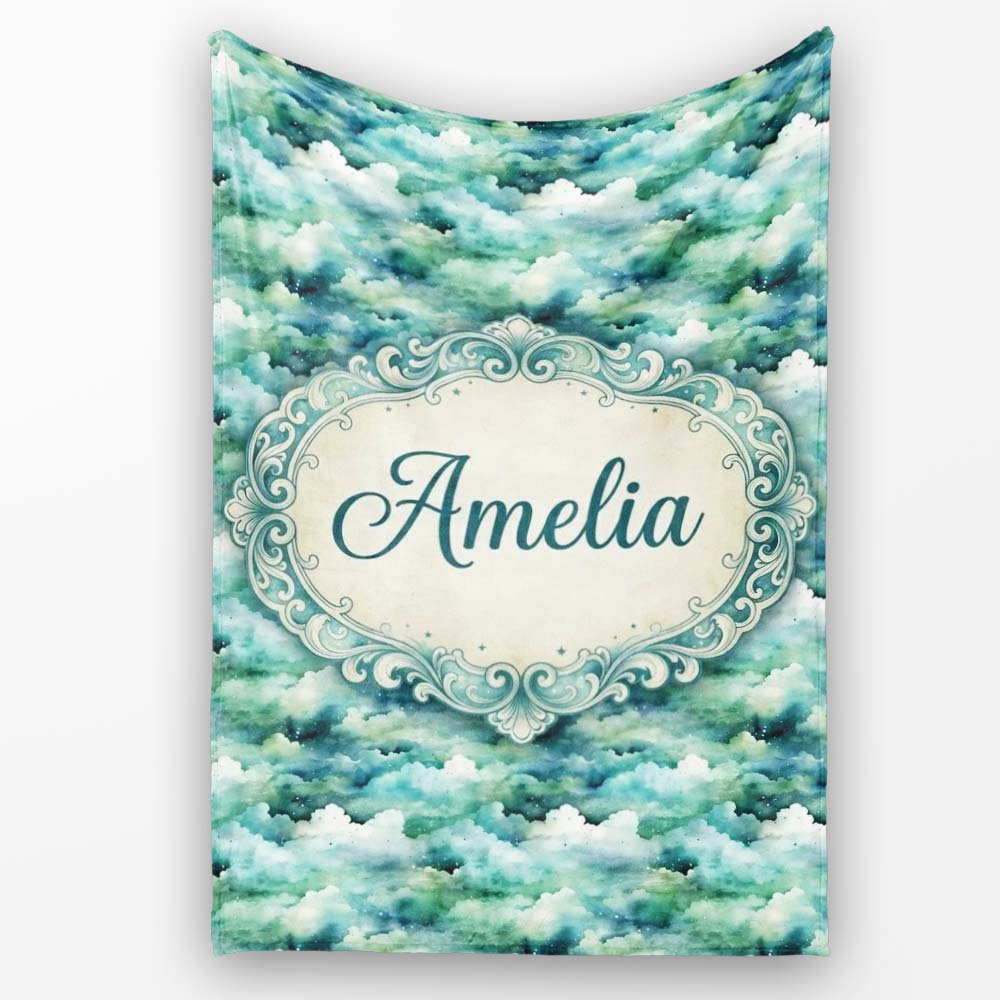 Soft Aqua Watercolor Clouds Sky Seamless Pattern Name Cute Unique  Personalised Custom Name Super Soft Fleece Blanket Bed Sofa Throw