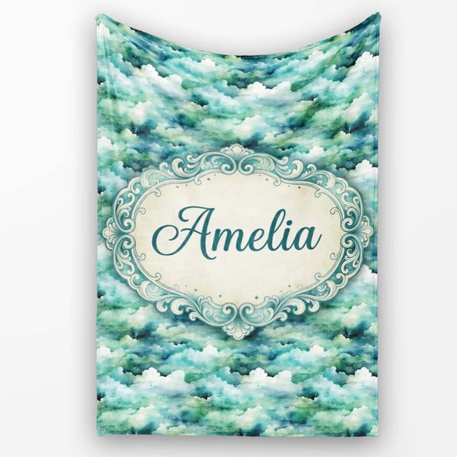 Soft Aqua Watercolor Clouds Sky Seamless Pattern Name Cute Unique  Personalised Custom Name Super Soft Fleece Blanket Bed Sofa Throw