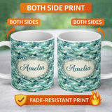 Personalized Custom Name Soft Aqua Watercolor Clouds Sky Seamless Pattern Name Cute Unique 11oz Ceramic Coffee Tea Mug White Large Handle